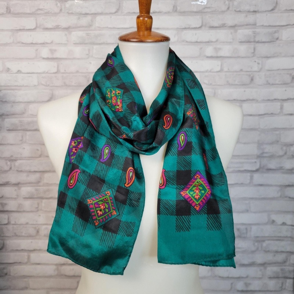 1980s Vintage Silk Scarf Teal Black Check, Pink Paisley Retro Style‎